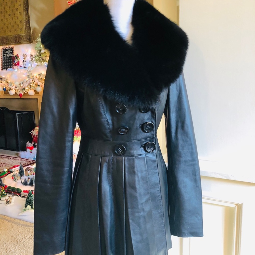 Rock & Republic Black Leather Faux Fur Coat Size L
